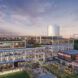 A rendering of a mixed-use city space.