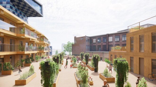 A pathway that is lined with a community garden