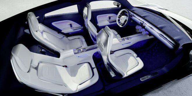 Inside of the electric vehicle has four white seatings