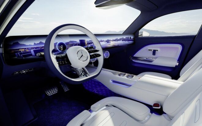The interior steering wheel has a full monitor that spans the entire dashboard of the electric vehicle