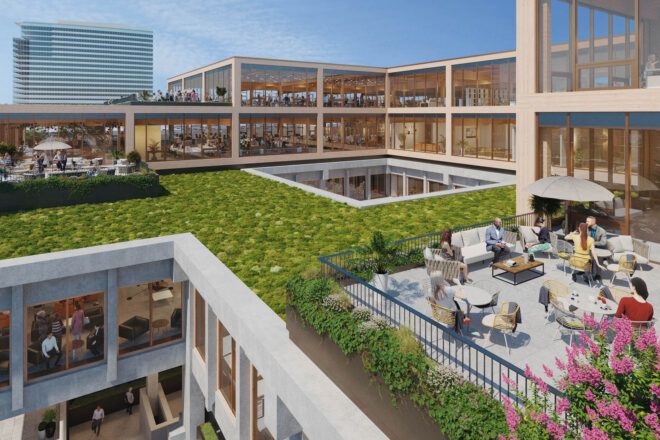 A patio next to a green roof area.