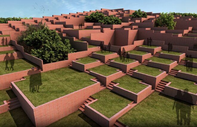 A close up of the varying green roofs on top of the clay-colored buildings