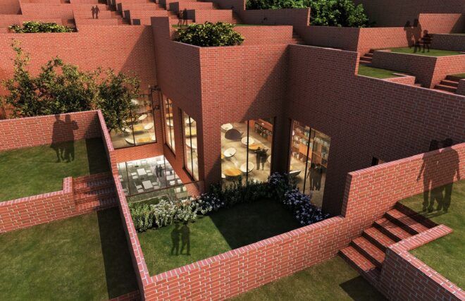 Interconnecting pathways and roof height, which are covered in green roof