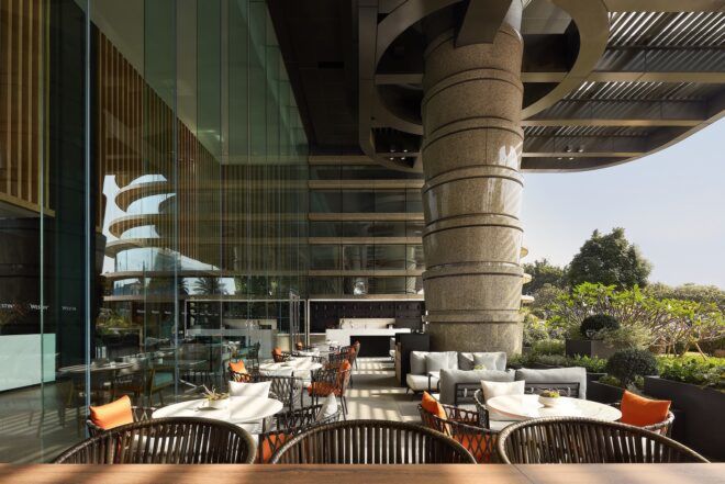 An outdoor seating area of the hotel