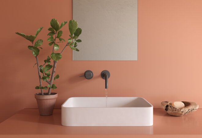 A pink bathroom scene.