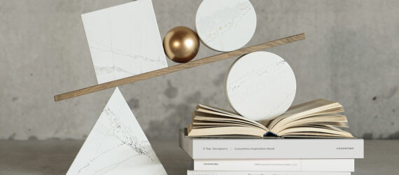 Several marbled objects balanced against each other.