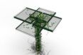 A trellis with a x-shaped panels at the top of it