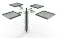 A pole with four panels separated from above it in four different directions