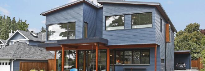 The exterior of a blue house.