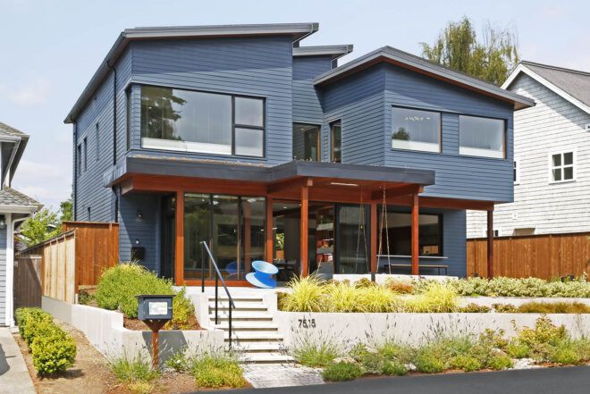 The exterior of a blue house.