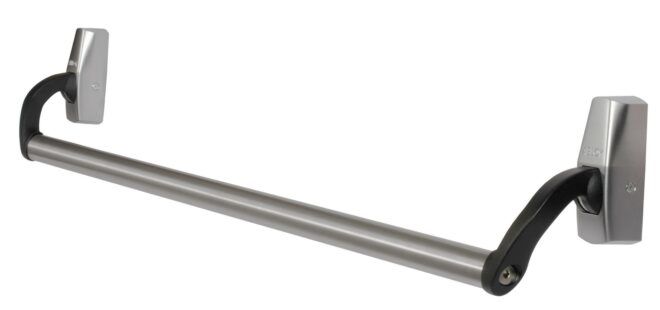 A push bar door handle against a white background