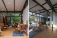To the left, a hallway with wood features. To the right, a living room with doors that open onto a courtyard.
