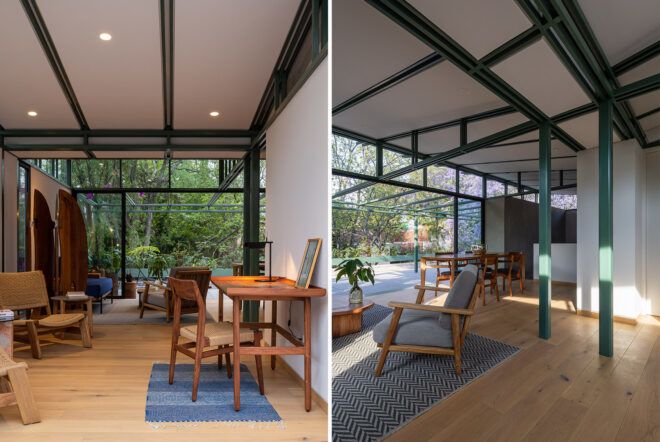 To the left, a hallway with wood features. To the right, a living room with doors that open onto a courtyard.