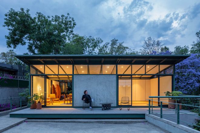 The deck/courtyard off a modern apartment.
