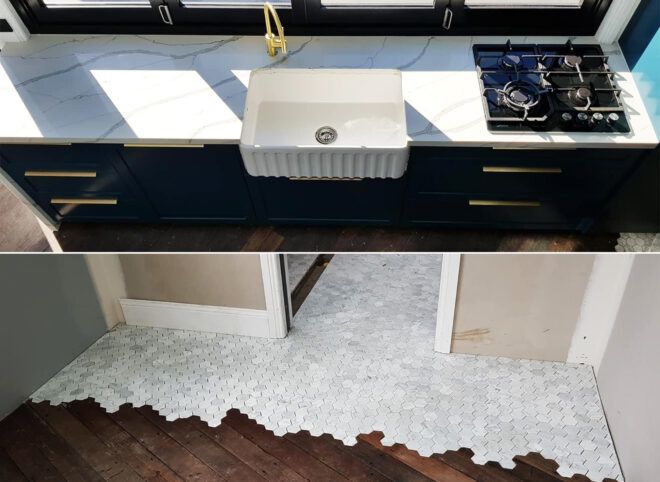 Top image shows a marble kitchen counter with sink. Bottom image showing tile and wood flooring.