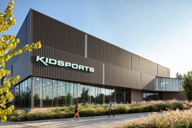 A large building that reads Kidsports on the outside of it is the new Civic Park in Oregon