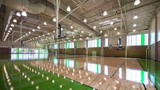 A inside basketball court and gym area