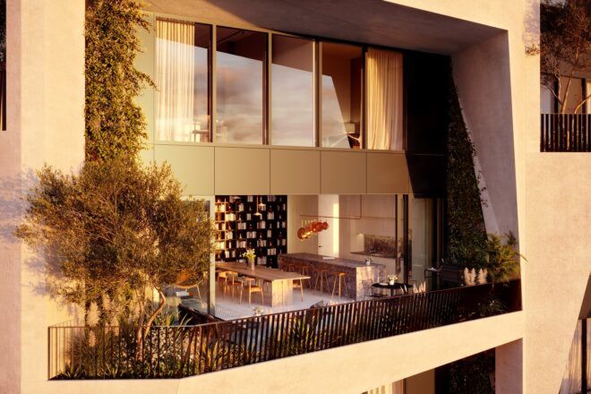 The outside balcony area of an apartment complex facing the sun