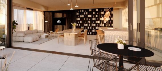 A dining table inside and on the outside is a table and mesh chairs