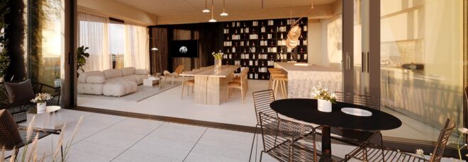 A dining table inside and on the outside is a table and mesh chairs
