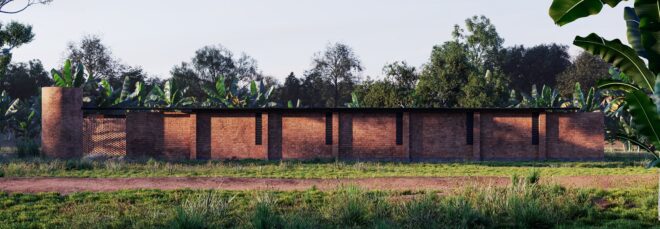 A brick house in a green patch of field