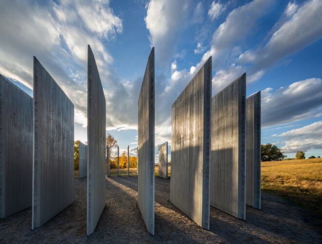 Standing wooden slats lined up in a curved formation
