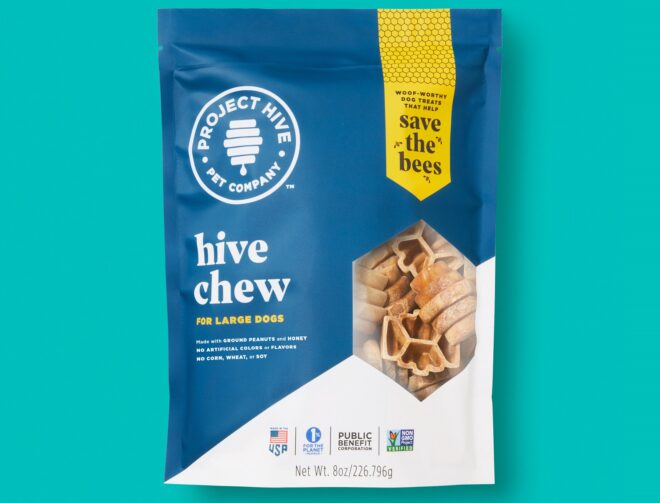 A dark blue Hive Chew bag against a teal background