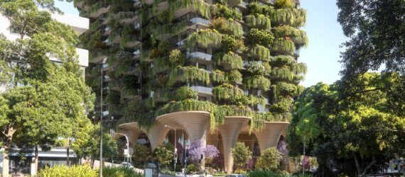 A hi-res residential building overflowing with green on every level