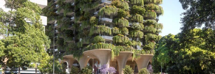 A hi-res residential building overflowing with green on every level