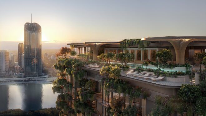 The top of a hi-res building where there is a pool and the city horizon as a stretch of distance
