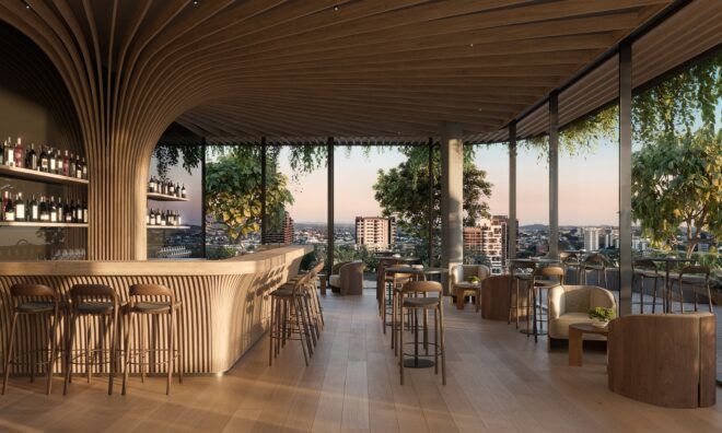 An indoor dining area with windows all around