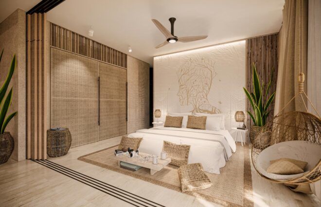 A bedroom area with a fan ceiling above it