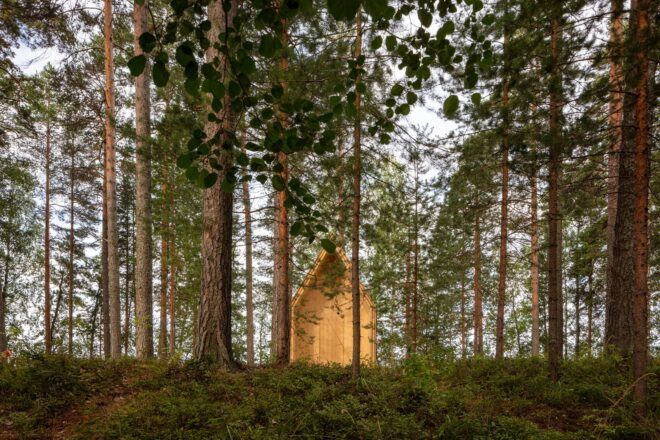 A pointed, wooden cottage sitting in the midst of a forest