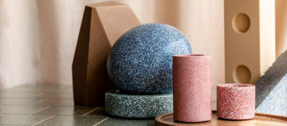 Assortment of colorful objects moulded from eggshell composite used to make CArrelé tiles