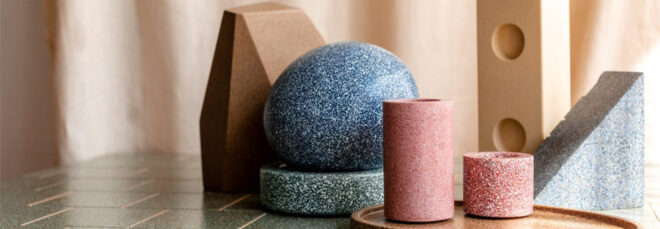 Assortment of colorful objects moulded from eggshell composite used to make CArrelé tiles