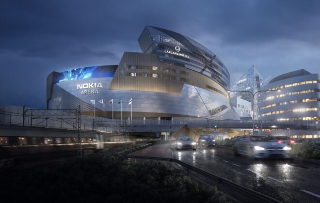 A large silver building Nokia Arena with streets leading up to it