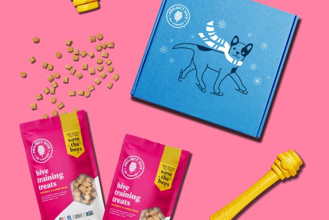 Two pink dog treat bags with a blue square above it