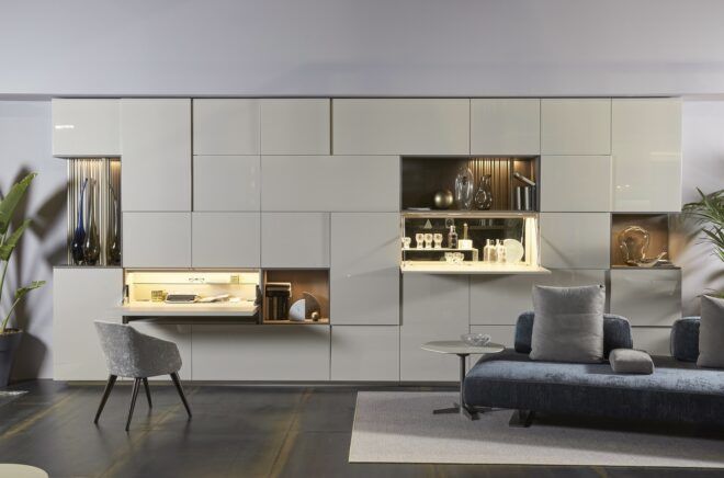A wall that has area where there is a pull down desk