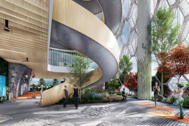 An open lobby area with a curved staircase.