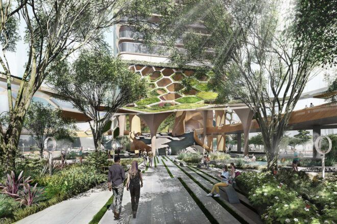 A green courtyard area.