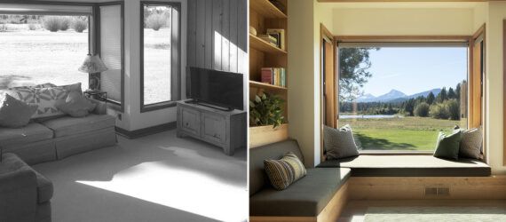 To the left, a black-and-white image of the home pre-renovation. To the right, the same living room area in color and renovated.