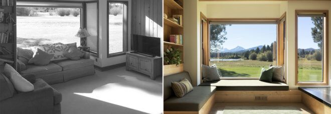 To the left, a black-and-white image of the home pre-renovation. To the right, the same living room area in color and renovated.