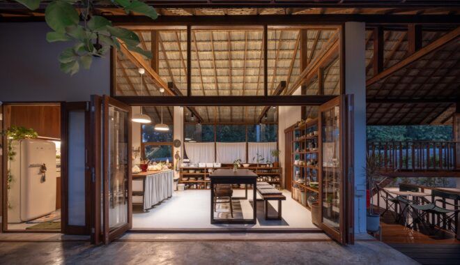 A dining area that is opened with wooden panels