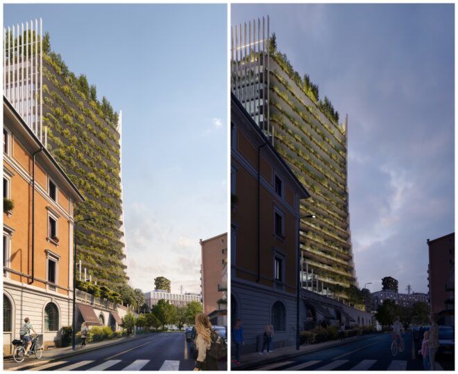 Two renderings of a skyscraper building, on the left is during the day and on the right is the view at night
