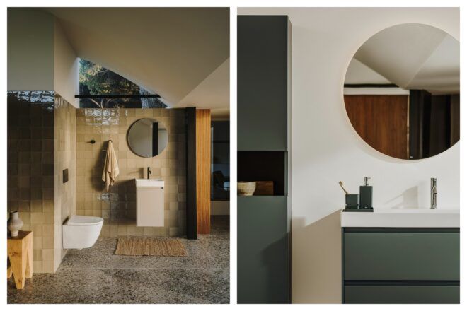 A shot of the overall sink area with a circle mirror above the sink and then an up-close photo of the sink with a circle mirror above it