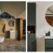 A shot of the overall sink area with a circle mirror above the sink and then an up-close photo of the sink with a circle mirror above it