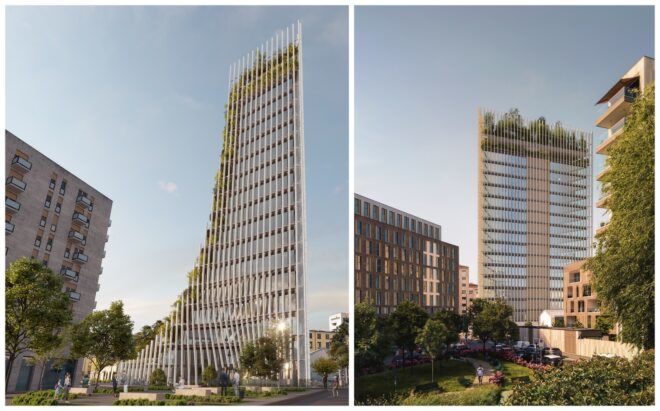 Two different views of a building office building with greenery covering its side