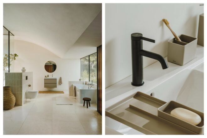 An overview of the bathroom and the photo next to it is an up-close of the faucet sink