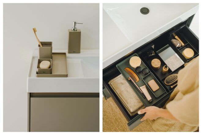 The sink counter and next to that photo is a pulled drawer filled with beauty products in their own different sections