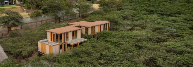 A blocky wooden house that resides in a forest
